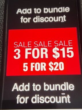 All items $15 or less are 3 for $15  or 5 for $20. Add your items to bundle